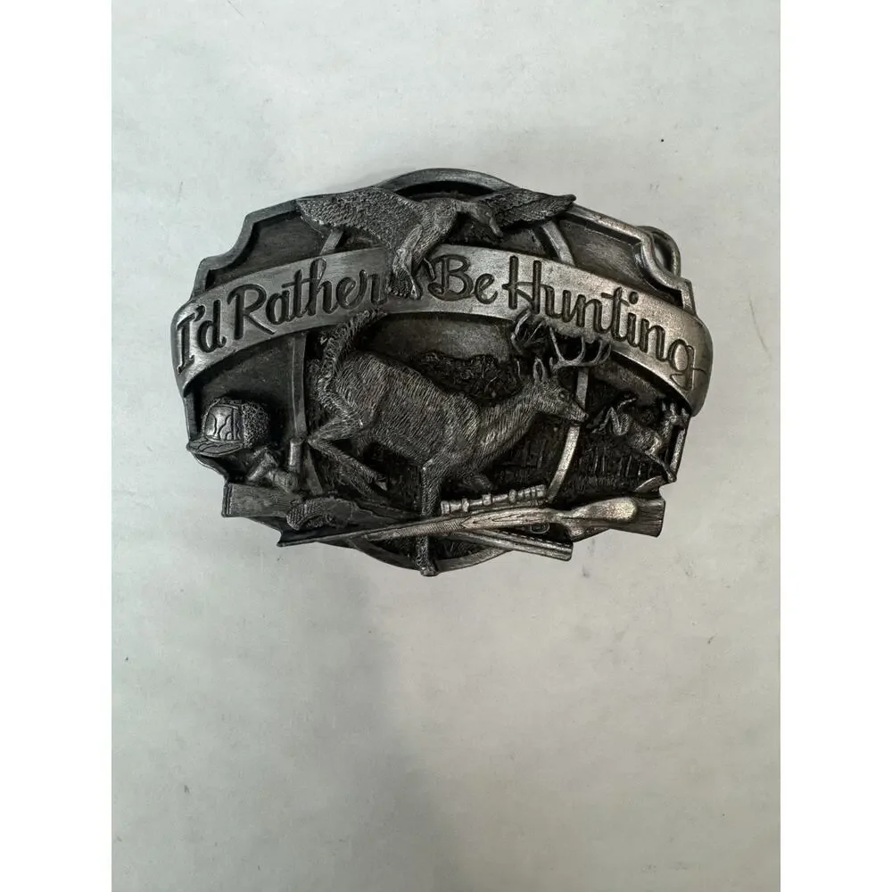 Vintage Belt Buckle Siskiyou Cowboy I'd Rather Be Hunting Deer Buck Pewter 1987